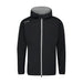 PING AquaDrive hooded waterproof golf jacket in black with a grey hood lining and front zip, front view.