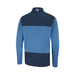 Back view of a PING AquaDrive men's waterproof golf jacket in navy and blue colour-blocked design with a high collar.