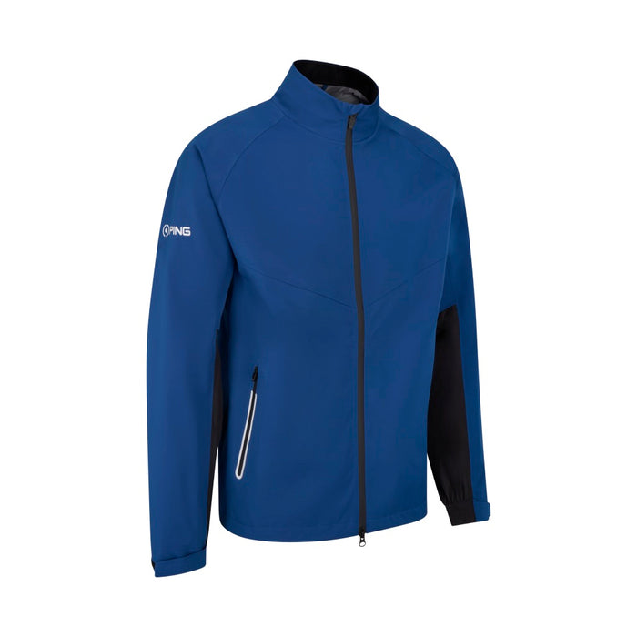 PING AquaDrive Pro men's waterproof golf jacket in blue with black accents, front view featuring a full-length zip.
