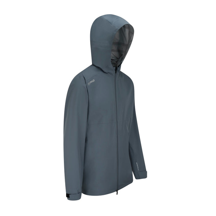 PING AquaDrive hooded waterproof golf jacket in grey, side view showing full zip and adjustable cuffs.