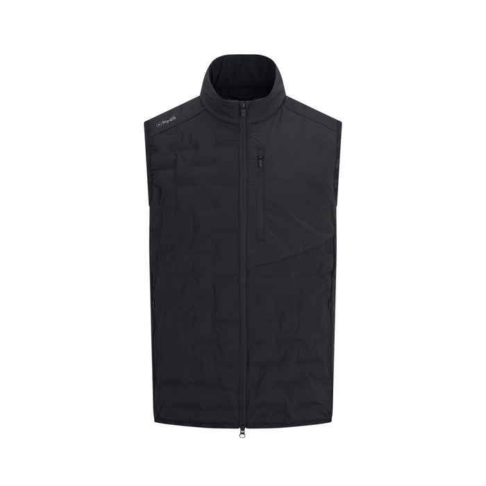 Front view of a black PING Norse Cocoon 2.0 men's quilted golf vest with a full-length zip and high collar.
