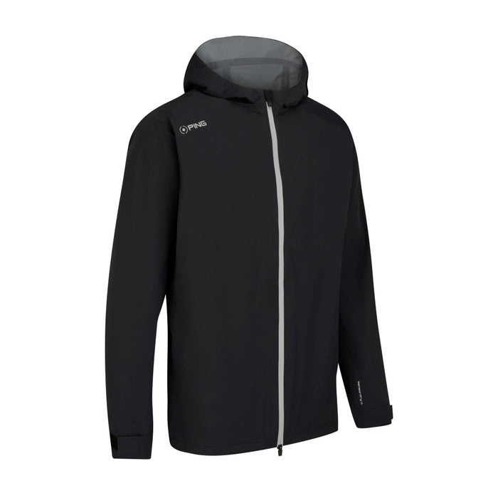 PING AquaDrive hooded waterproof golf jacket in black, front view with a contrasting grey zip and hood lining.