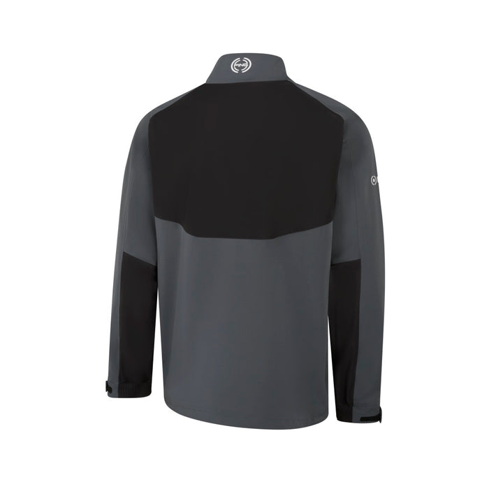 Back view of the PING AquaDrive Pro waterproof golf jacket in charcoal grey and black with a high collar and logo.