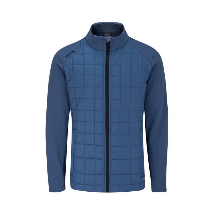 Front view of a PING Jude men's softshell golf jacket in deep sea blue with a quilted front and full-length zip.