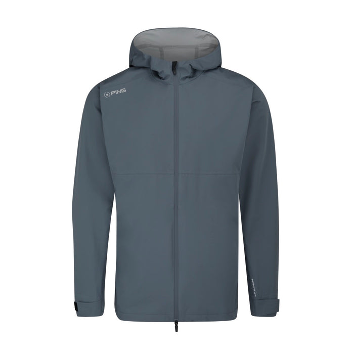 Front view of a charcoal grey PING AquaDrive hooded waterproof golf jacket with a full-zip closure.