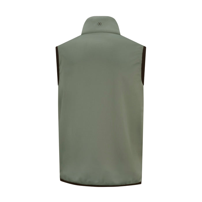 Back view of the PING Ivan men's hybrid golf vest in sage green with dark trim and a high collar.