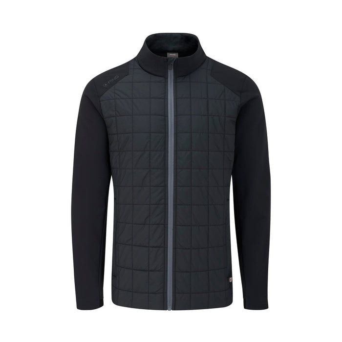 Front view of a black PING Jude men's softshell golf jacket featuring a quilted chest panel and full-length zip.