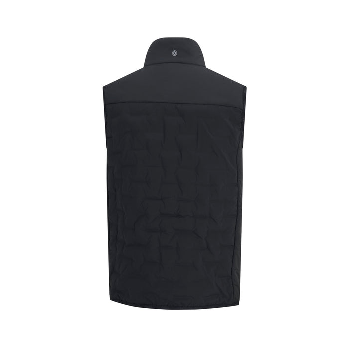 Back view of a black PING Norse Cocoon 2.0 men's golf vest featuring a quilted insulated design and high collar.