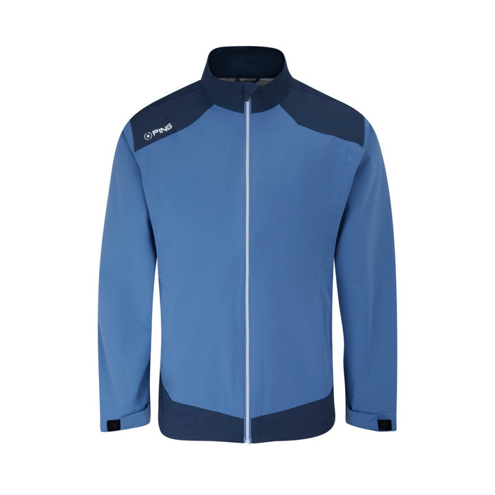 PING AquaDrive men's waterproof golf jacket in harbour and oxford blue, front view with full zip and branding.
