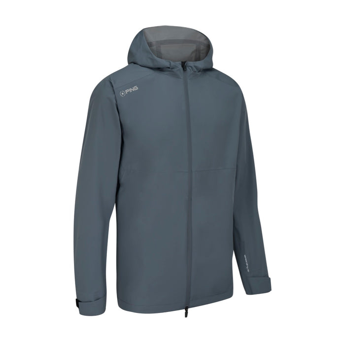 PING AquaDrive hooded waterproof golf jacket in carbon grey, front view featuring a full-zip design and branded chest logo.
