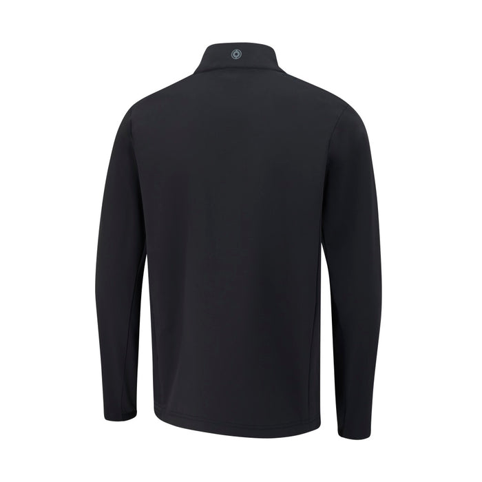 Back view of a black PING Jude men's softshell golf jacket with a high collar and subtle branding.