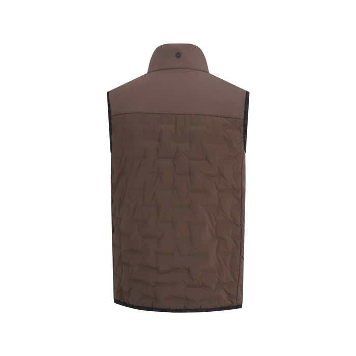 Back view of the brown PING Norse Cocoon 2.0 men's golf vest featuring a quilted insulated design and high collar.
