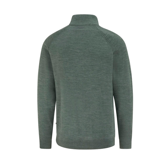 Back view of a sage green PING Hugh men's lined quarter zip golf sweater with ribbed collar and cuffs.