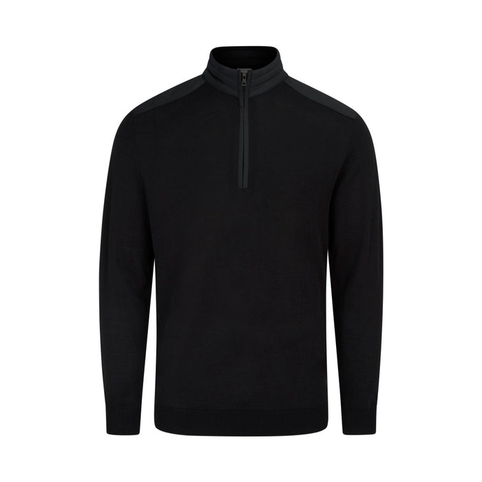 PING Barnaby men's black hybrid quarter zip golf sweater, front view featuring a high collar and shoulder panels.