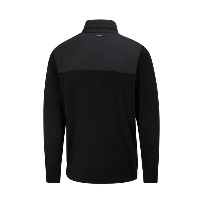 Back view of a black PING Barnaby men's hybrid golf sweater with a quilted upper panel and high collar.