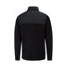 Back view of a black PING Barnaby men's hybrid golf sweater with a quilted upper panel and high collar.