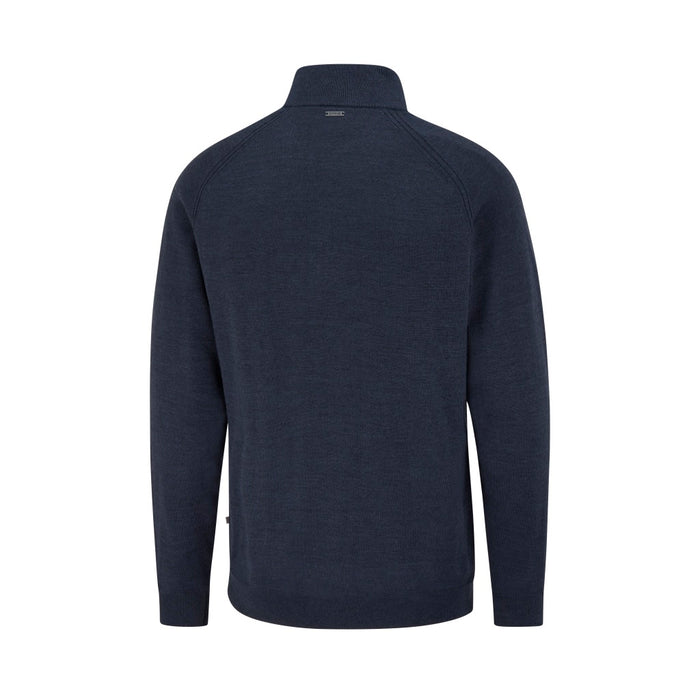 Back view of a navy blue PING Hugh men's lined quarter zip golf sweater with a high collar and knit texture.