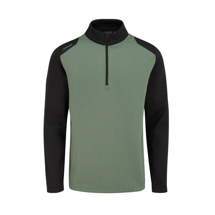 PING Men's half zip golf fleece in laurel green and black, featuring a textured front panel and long sleeves, front view.