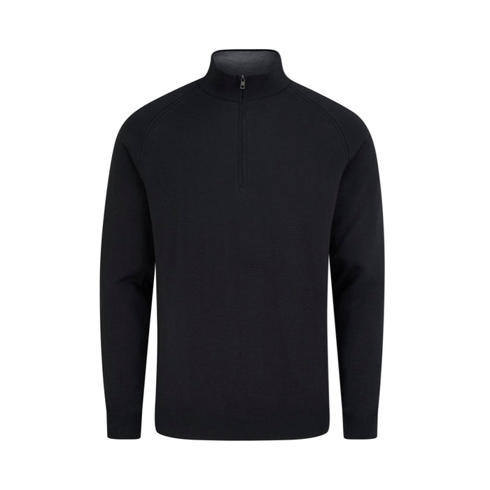 PING Hugh men's black lined quarter-zip golf sweater, front view featuring a high collar and long sleeves.