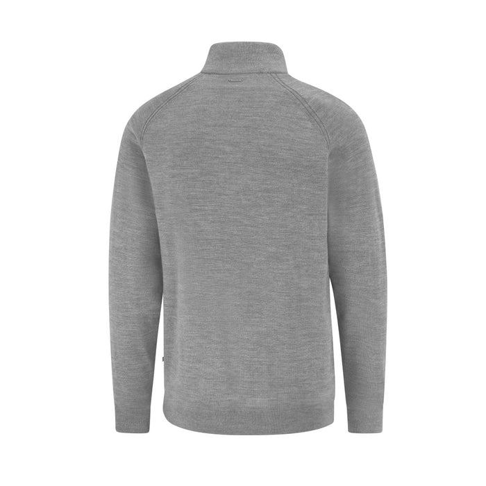 Back view of a grey PING Hugh men's lined quarter zip golf sweater with ribbed collar and raglan sleeves.