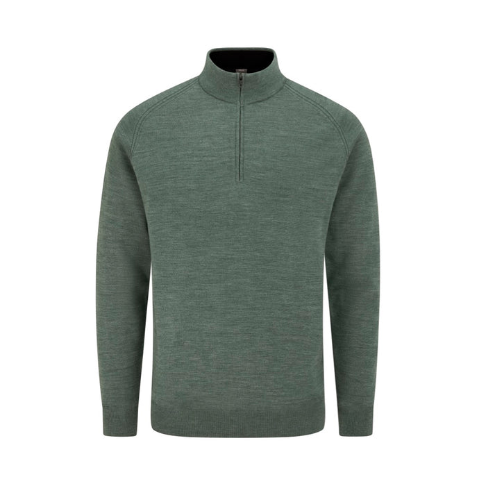 PING Hugh men's lined quarter-zip golf sweater in laurel marl, front view featuring a high collar and knit texture.
