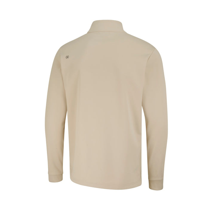 Back view of a beige PING men's half zip golf fleece with a small logo detail on the shoulder.