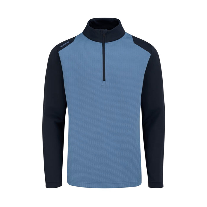 PING Reg Men's Half Zip Golf Fleece in Harbour Blue and Navy, front view showing textured fabric and high collar.