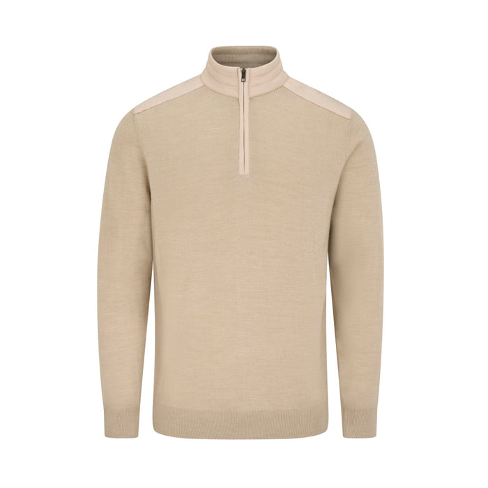 PING Barnaby men's hybrid quarter zip golf sweater in tawny marl, front view featuring a high collar and knit texture.