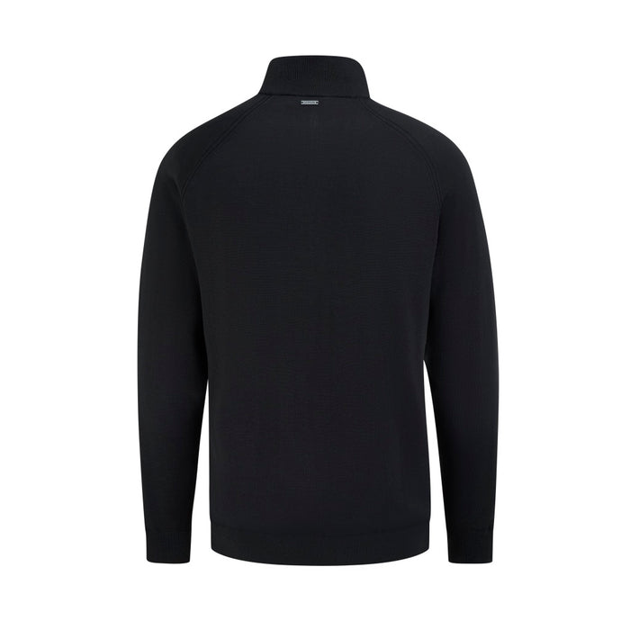 Back view of a black PING Hugh men's lined quarter zip golf sweater with a high collar and ribbed hem.
