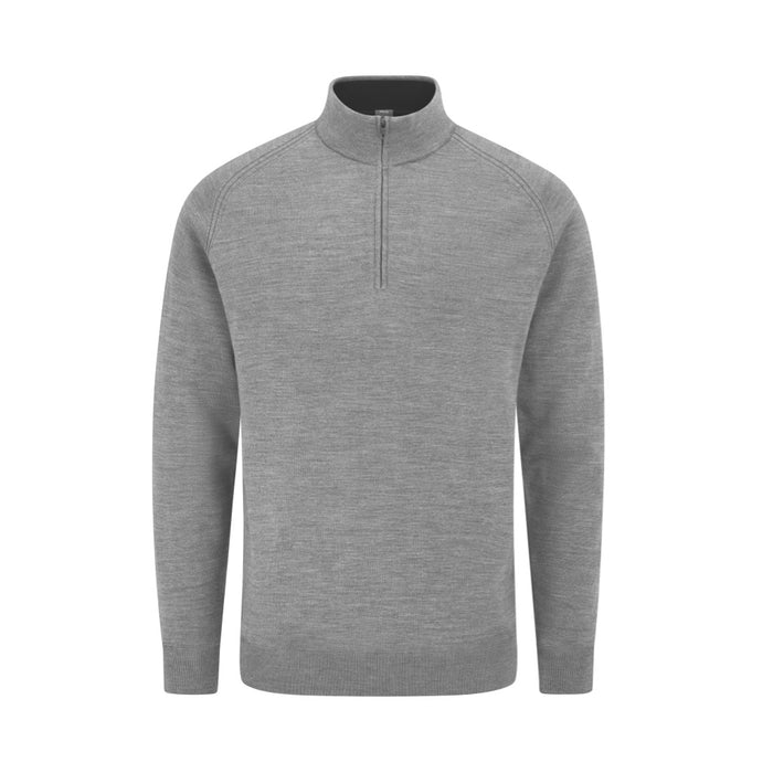PING Hugh men's lined quarter-zip golf sweater in French Grey, front view featuring a ribbed collar and knit design.