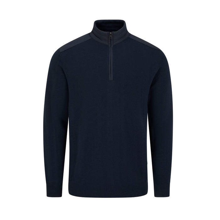 PING Barnaby men's navy hybrid quarter zip golf sweater, front view featuring a textured knit and shoulder panels.