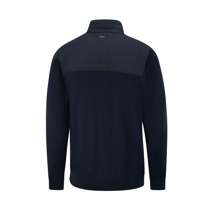 Back view of the navy PING Barnaby hybrid golf sweater featuring a quilted upper back panel and knitted lower section.