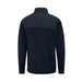 Back view of the navy PING Barnaby hybrid golf sweater featuring a quilted upper back panel and knitted lower section.