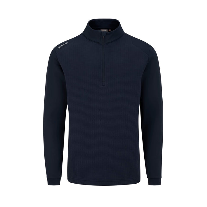 PING Reg Men's Half Zip Golf Fleece in navy, front view featuring a textured chest panel and shoulder logo detail.