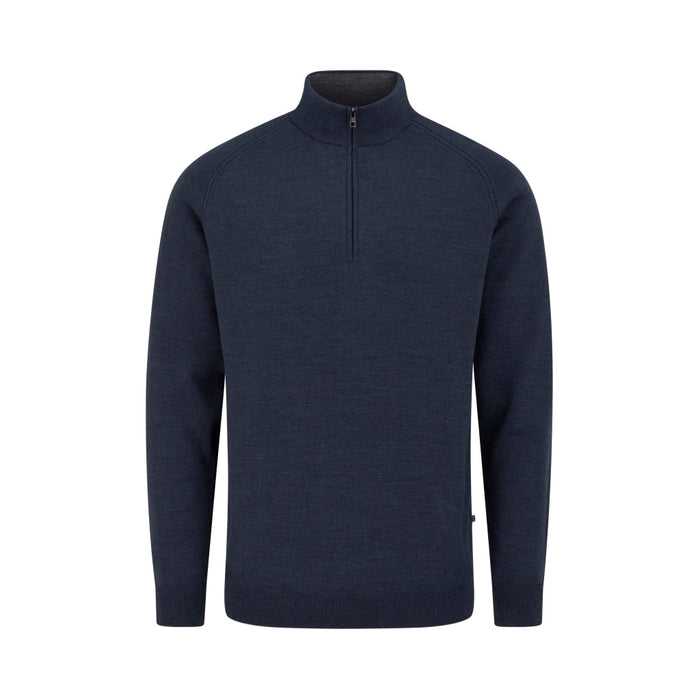 PING Hugh men's navy lined quarter-zip golf sweater, front view featuring a high collar and ribbed knit texture.