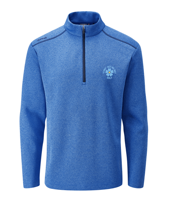 PING Ramsey men's snorkel blue quarter-zip golf mid layer with Fore Get Me Not floral chest embroidery, front view.