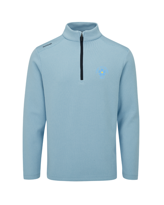 PING Ramsey men's sky blue quarter-zip golf mid layer, front view featuring a small flower chest logo and black zip.