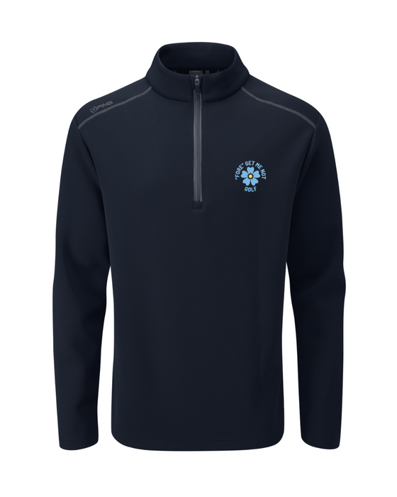 PING Ramsey men's navy golf mid layer, front view featuring a quarter-zip neck and Fore Get Me Not flower chest logo.