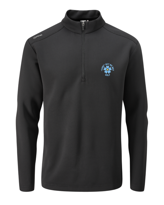 PING Ramsey men's black quarter-zip golf mid layer with Fore Get Me Not flower graphic on the chest, front view.