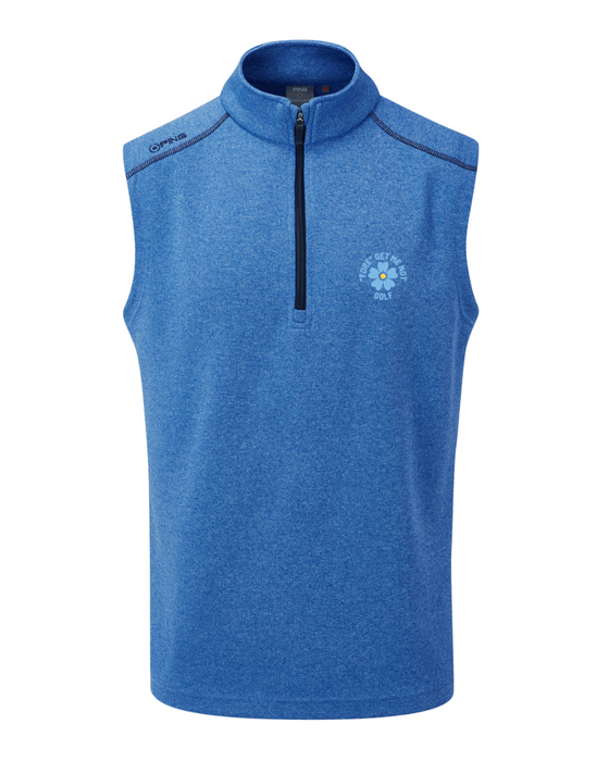 PING Ramsey men's golf vest in snorkel blue, featuring a quarter-zip neck, stand collar, and floral chest embroidery.