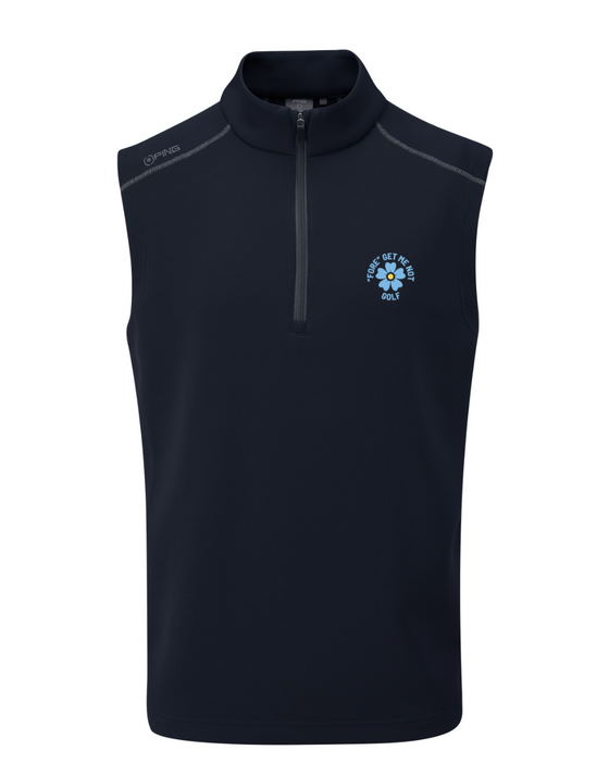 PING Ramsey men's navy golf vest, front view featuring a quarter-zip neck and Fore Get Me Not flower chest logo.