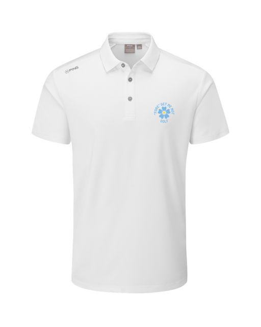 PING Lindum men's white golf polo shirt, front view with Fore Get Me Not flower graphic and PING logo on the shoulder.