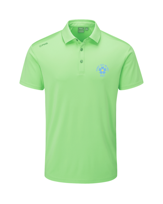 PING Lindum men's mint green golf polo shirt with a three-button placket and Fore Get Me Not floral chest logo.