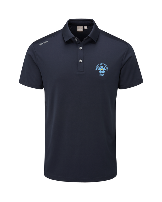 PING Lindum men's navy golf polo shirt, front view, featuring a blue flower graphic and Fore Get Me Not text on the chest.