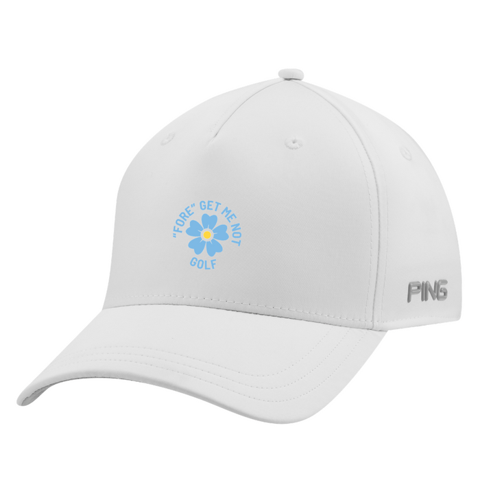 White PING Fore Get Me Not golf hat featuring a light blue flower graphic and side logo, front three-quarter view.