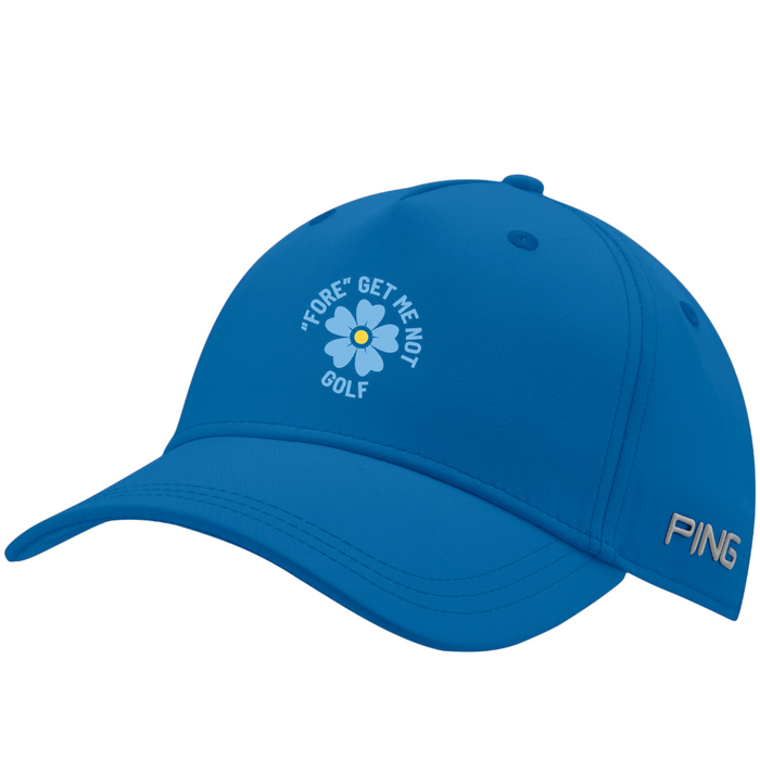 PING Fore Get Me Not golf hat in snorkel blue, featuring a floral graphic and side logo, front three-quarter view.