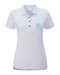PING Sedona ladies white golf polo shirt, front view with Fore Get Me Not floral chest embroidery and button placket.