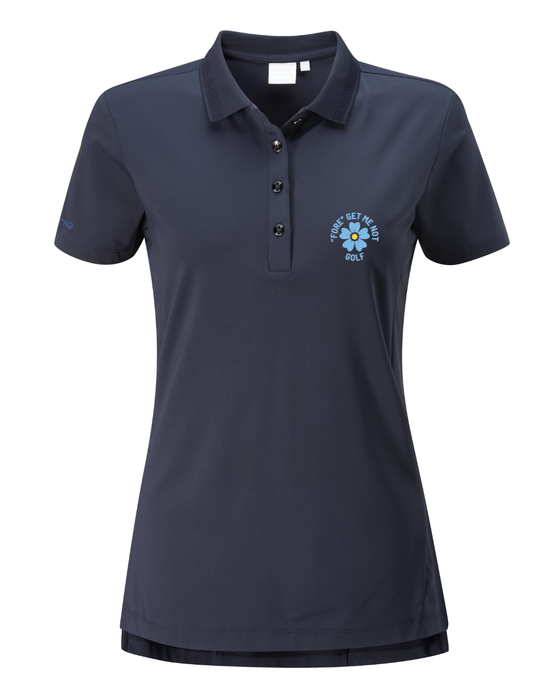PING Sedona Ladies navy golf polo shirt with a button placket, collar and floral chest embroidery, front view.