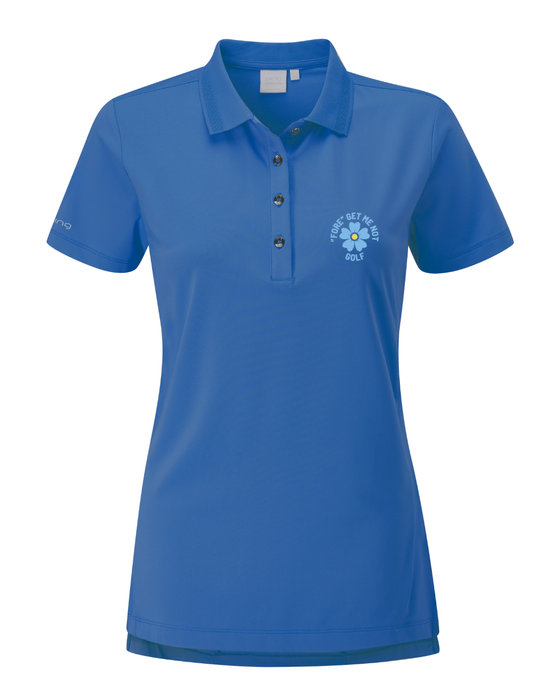 PING Sedona ladies snorkel blue golf polo shirt, front view with button placket and floral chest embroidery.