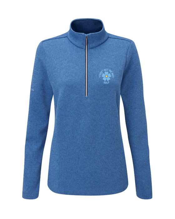PING Lyla ladies half-zip mid layer in snorkel blue featuring a front zip and embroidered floral golf logo.